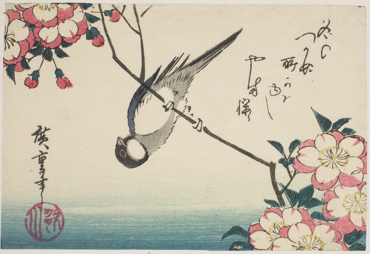 Mésange charbonnière sur une branche de cerisier - Utagawa Hiroshige