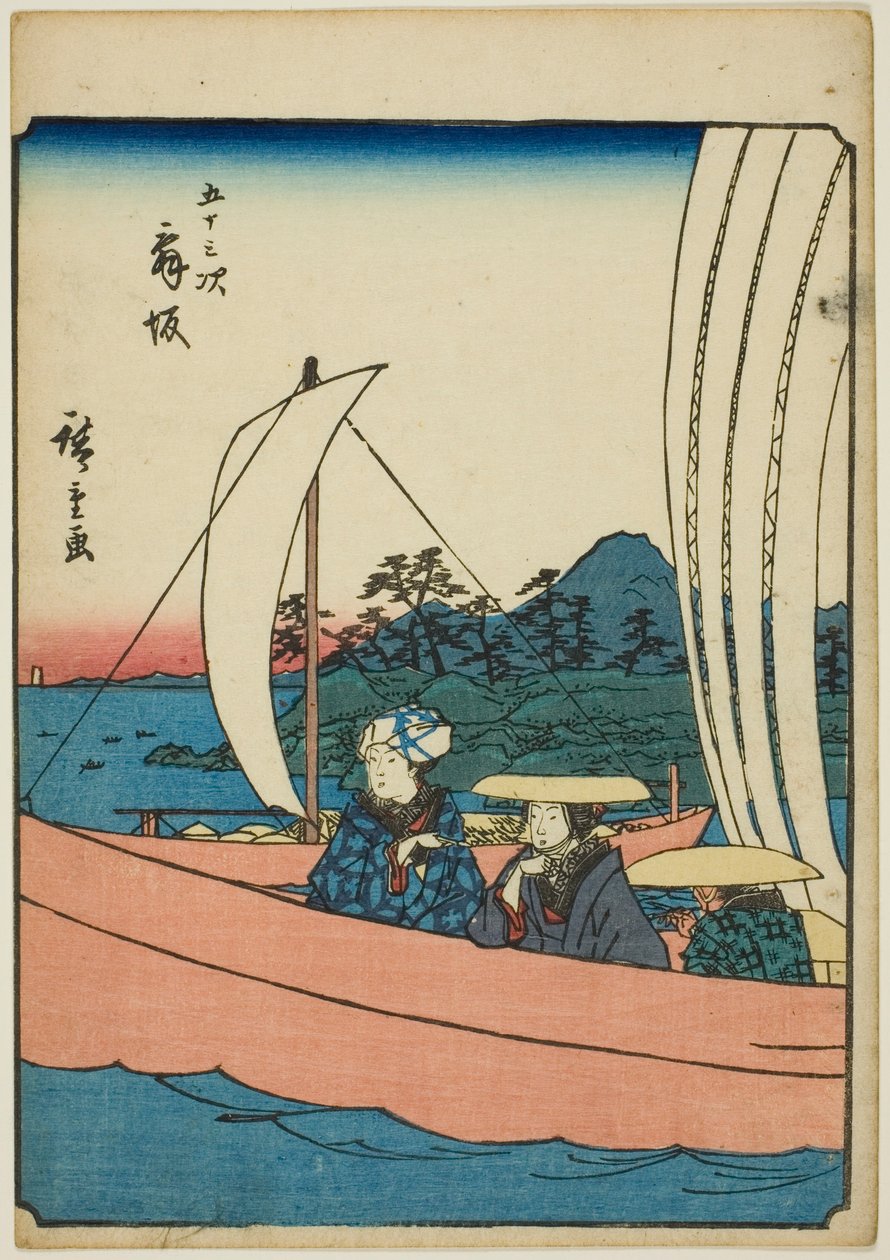 Maisaka, de la série "Les cinquante-trois stations [du Tokaido] (Gojusan tsugi)," également connue sous le nom de Tokaido des figures (Jinbutsu Tokaido) - Utagawa Hiroshige