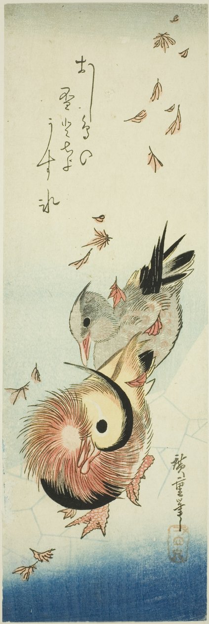 Canards mandarins traversant un étang glacé parmi les feuilles tombantes - Utagawa Hiroshige