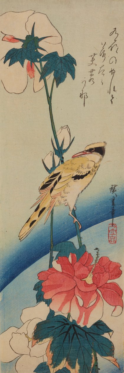 Vogel (Gelber Zimtkopf) auf einem Ast der Chinesischen Rose / Fuyo-ni koraiuguisu - Utagawa Hiroshige