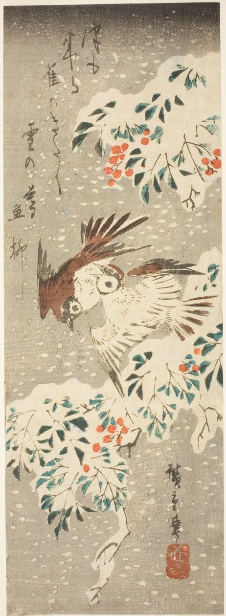 Moineaux voletant autour de nandina couverte de neige alors que plus de neige tombe - Utagawa Hiroshige