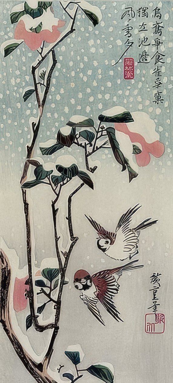 Moineaux et camélias dans la neige - Utagawa Hiroshige