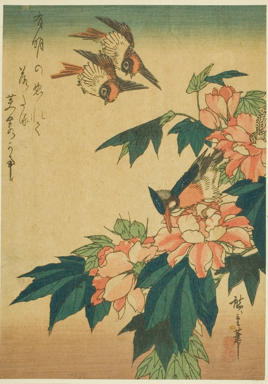 Hirondelles, martin-pêcheur et hibiscus - Utagawa Hiroshige
