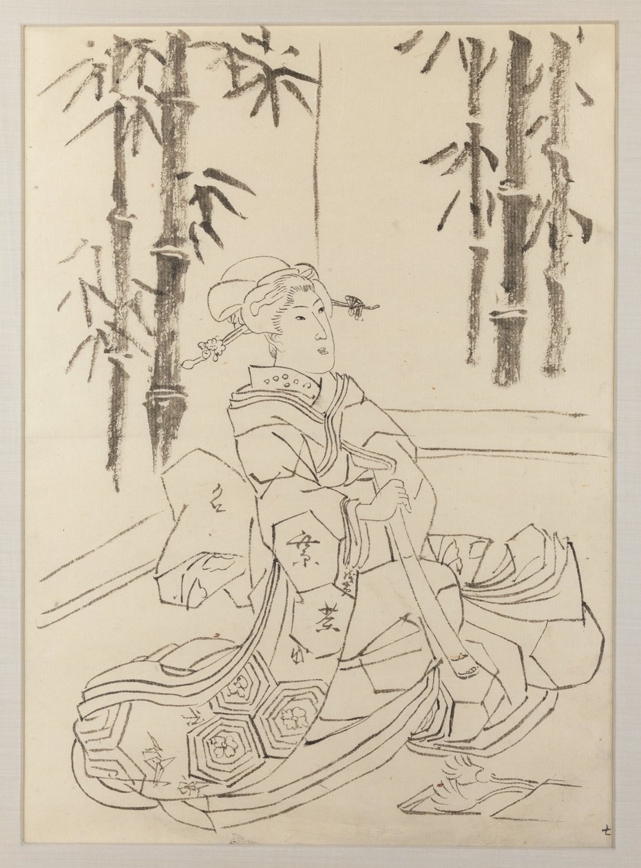 Dessin préparatoire pour la feuille gauche du triptyque Élégant trio instrumental de jeunes filles - Utagawa Kunisada