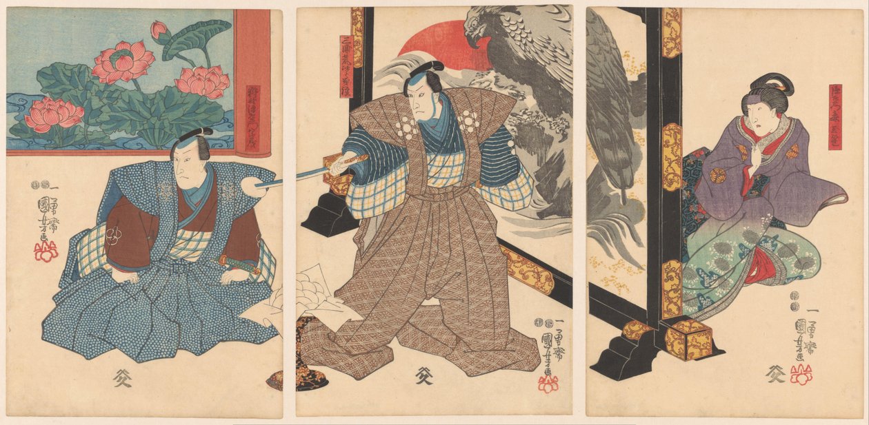 Trois acteurs devant un paravent - Utagawa Kuniyoshi