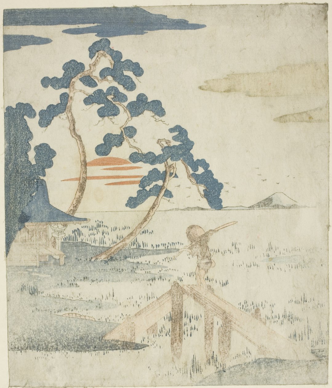 Homme traversant un pont au lever du soleil, d