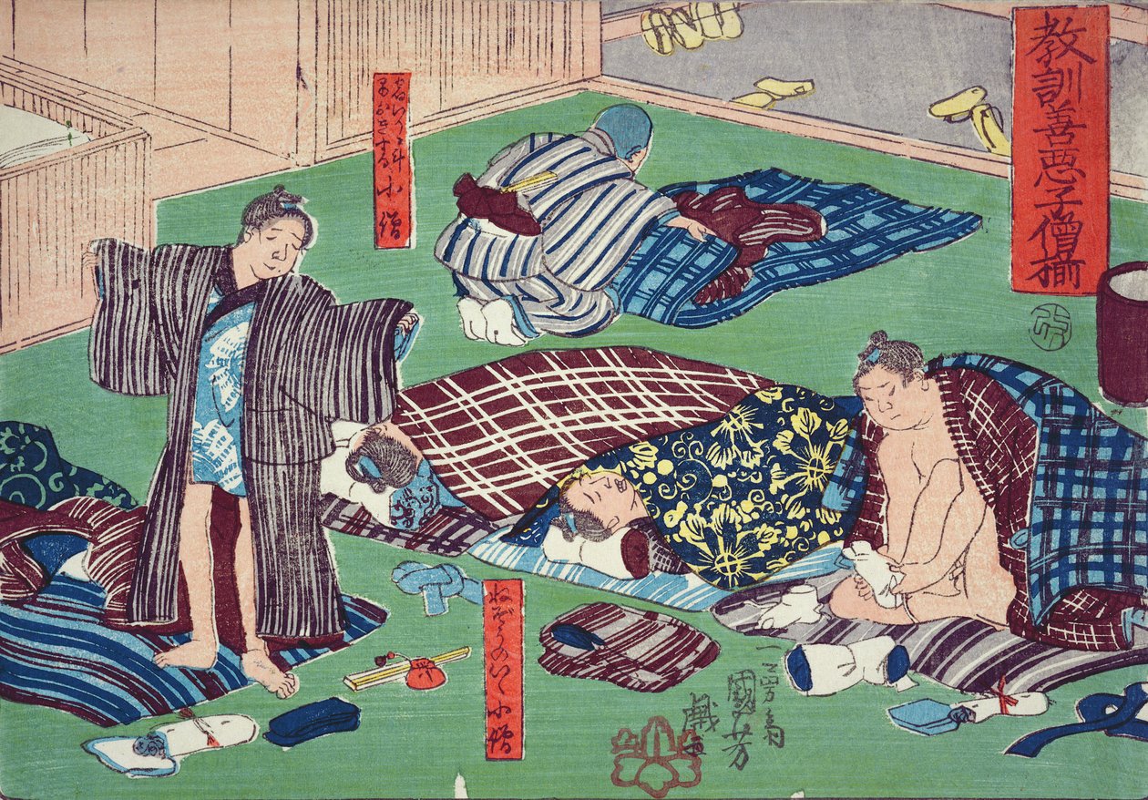 Enseignement moral pour les garçons de magasin, donnant de bons et mauvais exemples de comportement, 1857 - Utagawa Kuniyoshi