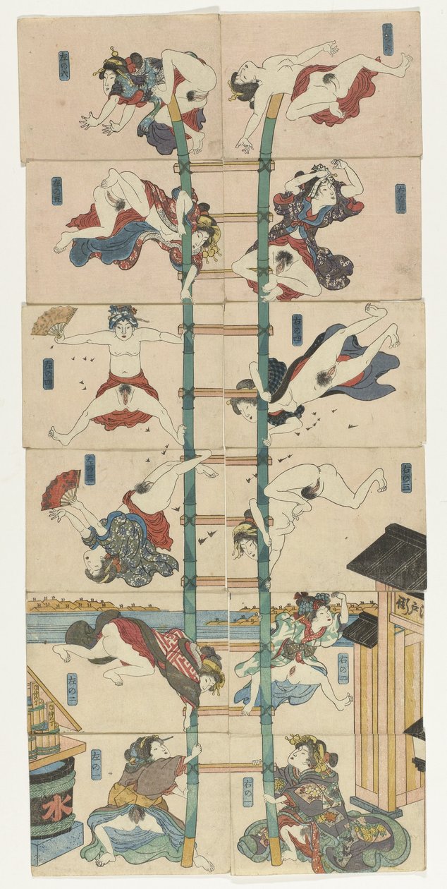 Série de douze koban Shunga avec des prostituées dans le rôle de pompiers acrobatiques - Utagawa Kuniyoshi