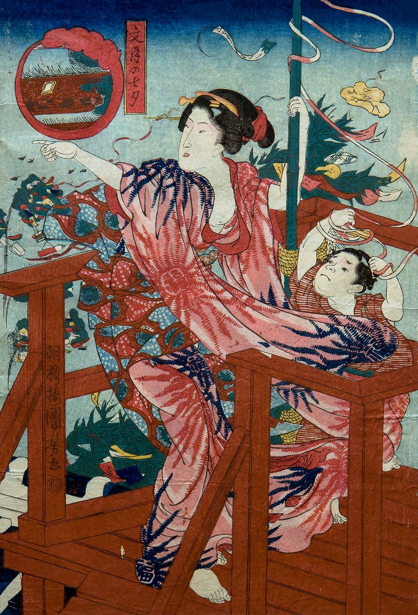 Le Festival des Étoiles du Septième Mois (Fumizuki no tanabata) Série sans titre de femmes avec enfants dans les douze mois, c.1836 - Utagawa Kuniyoshi