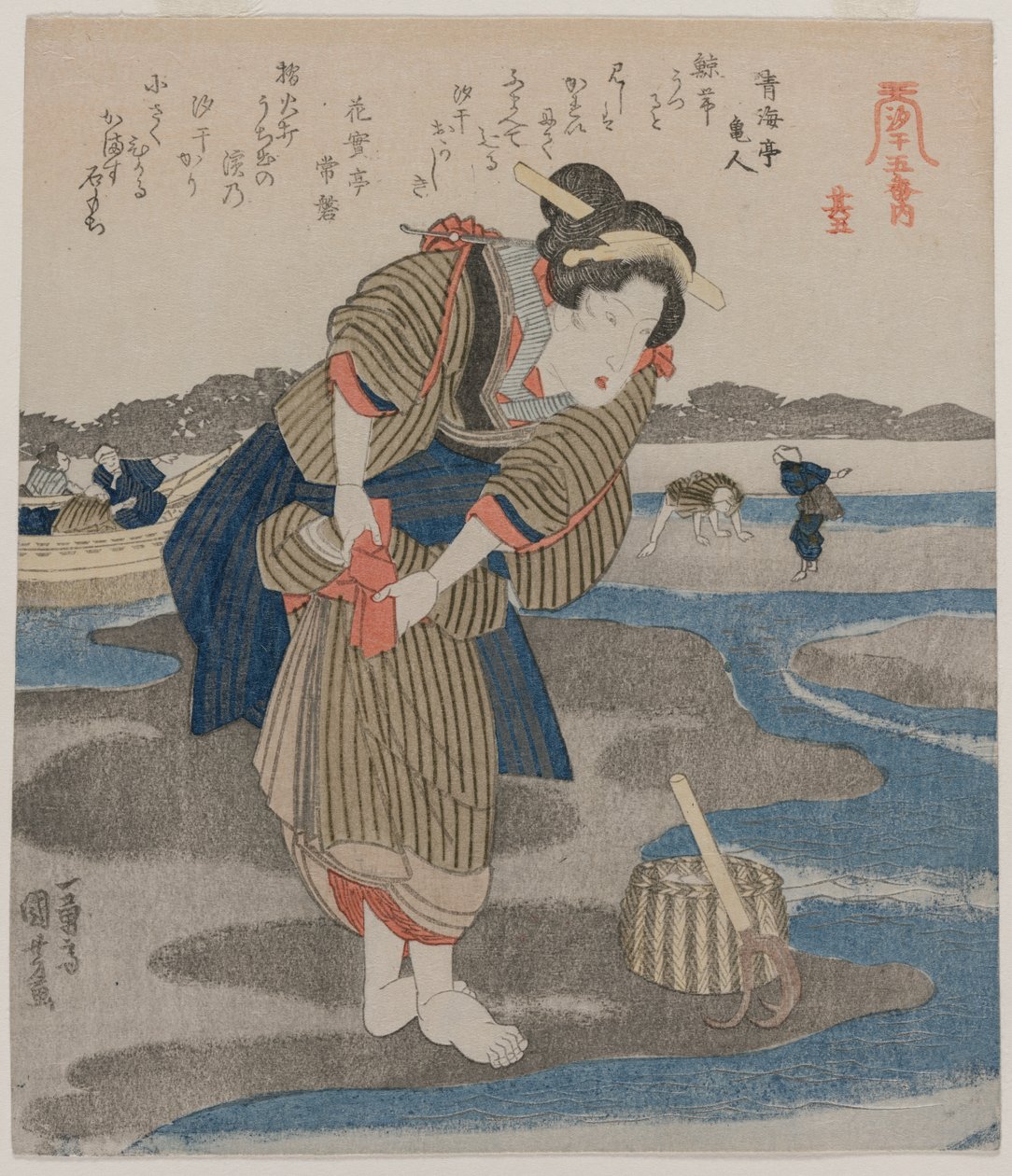 Femme attachant ses jupes, de la série Cinq images de marée basse, fin des années 1820 - Utagawa Kuniyoshi