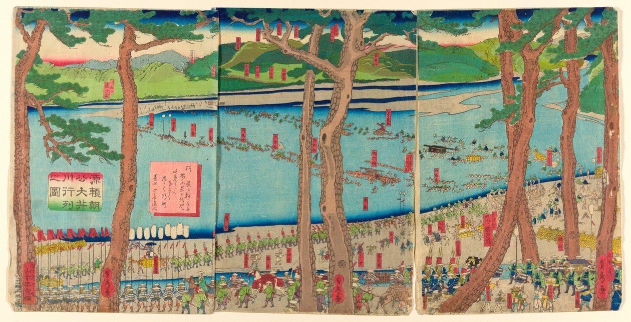 Procession de Minamoto no Yoritomo à travers la rivière Oi (Minamoto Yoritomo ko Oikawa gyoretsu zu) - Utagawa Sadahide