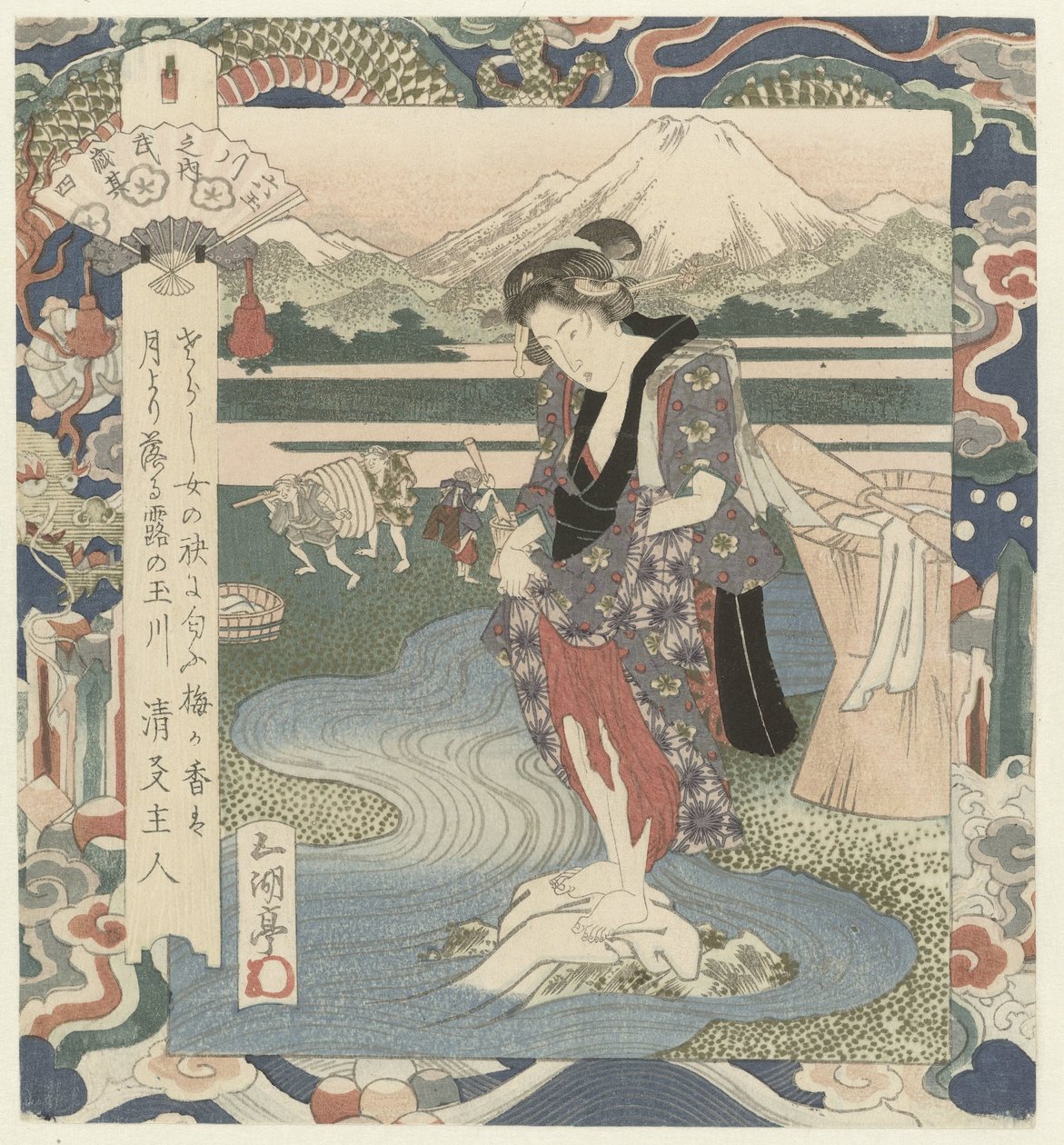 Vrouw wast kleding in de rivier - Utagawa Sadakage