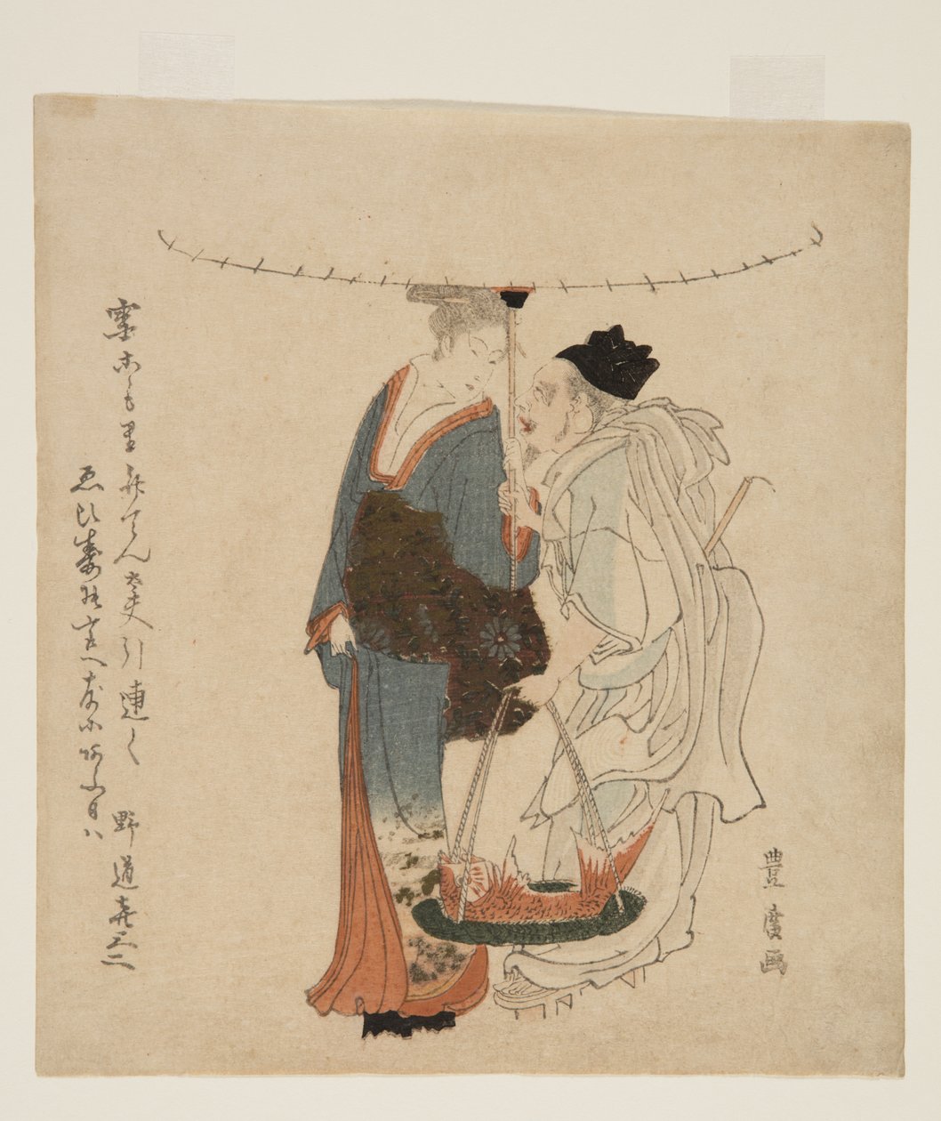 Le dieu Ebisu marchant avec une jeune femme dans la neige - Utagawa Toyohiro