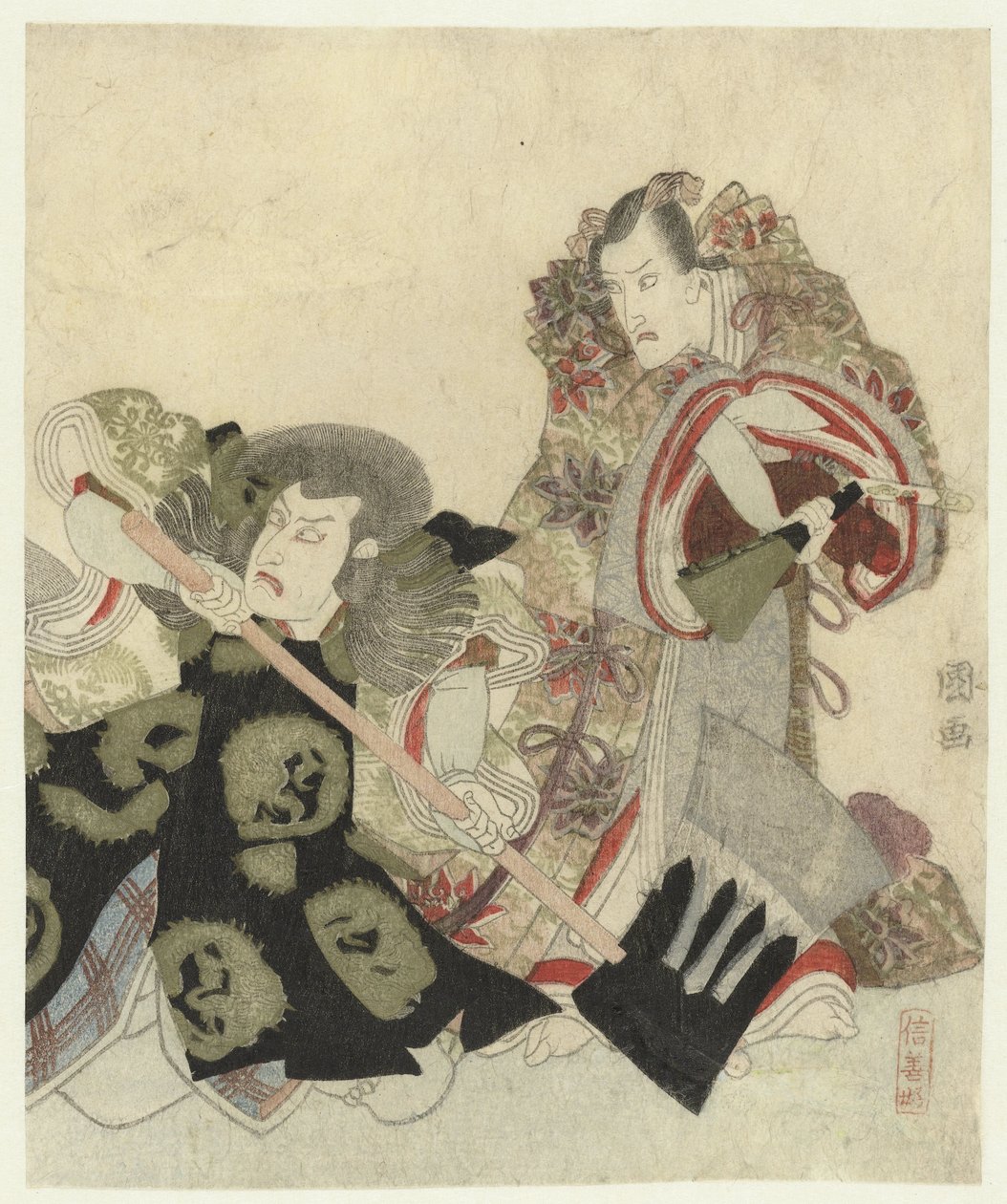 Ichikawa Danjūrō VII en tant que Yoshimune no Munesada avec éventail et Ichikawa Omezō dans le rôle de Sekibei avec hache - Utagawa Toyokuni (I)
