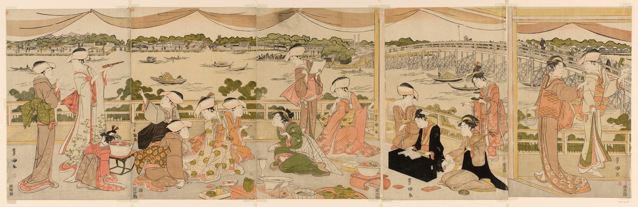 Récital sur une véranda surplombant la rivière Sumida - Utagawa Toyokuni I