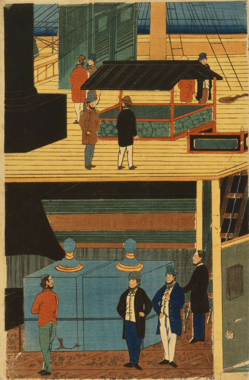 Un vapeur américain avec un groupe de passagers sous le pont et des activités sur le pont - Utagawa Yoshikazu