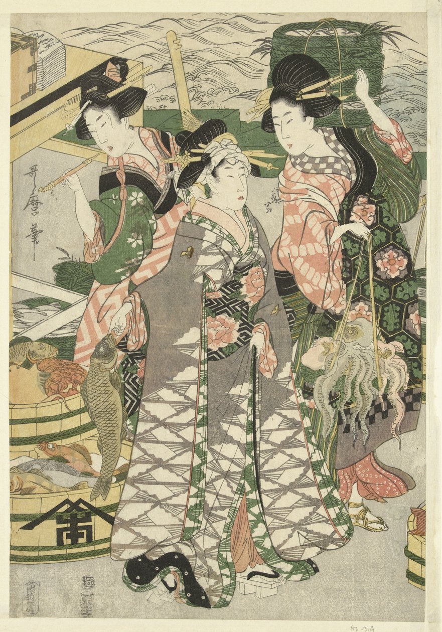 Vue du marché aux poissons sur la plage de Shiba ([Shiba] no ura uoichi no zu) - Utamaro (II) , Kitagawa