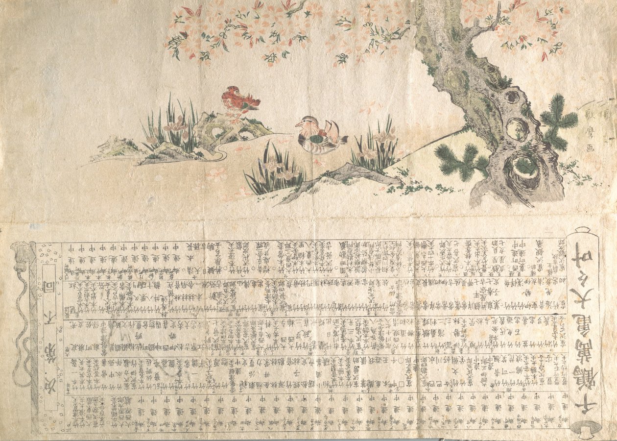 Canards mandarins dans un paysage printanier : Programme pour une performance de Jururui, vers 1807 - Utamaro II