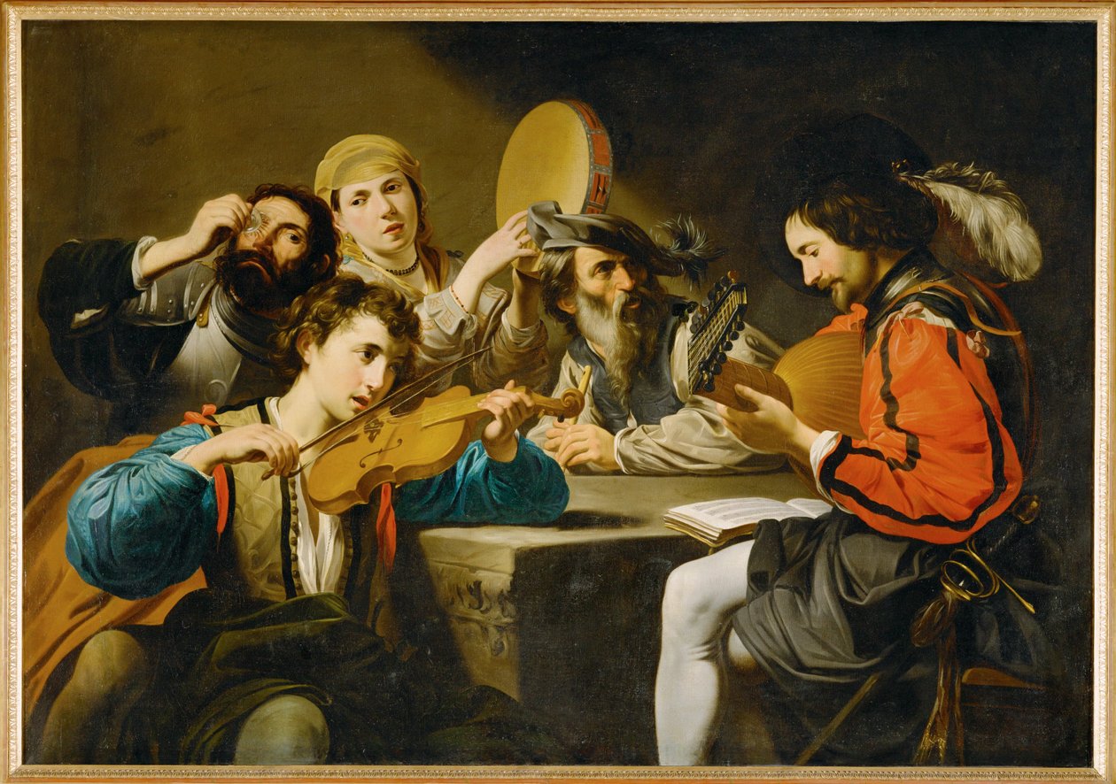 Concert avec quatre personnes et un buveur (peinture sur toile) - Valentin de Boulogne