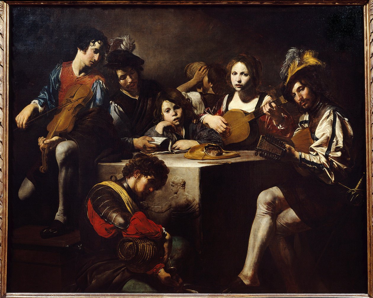 Le concert en bas-relief. Musiciens rassemblés autour d