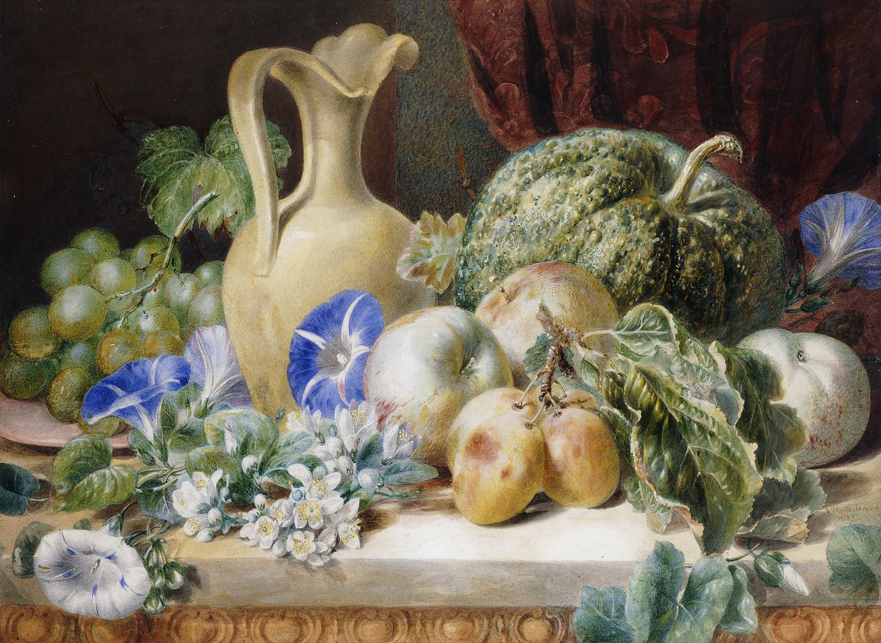 Nature morte avec une cruche, des pommes, des prunes, des raisins et des fleurs - Valentine Bartholomew