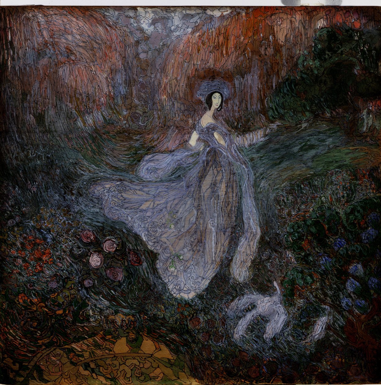 Matin. Une femme vêtue de voiles marche vers un oiseau au sol, dans un jardin fleuri. Œuvre de Vasili Dmitrievich Millioti (1875-1943), aquarelle, gouache et encre sur papier - Vasili Dmitrievich Millioti