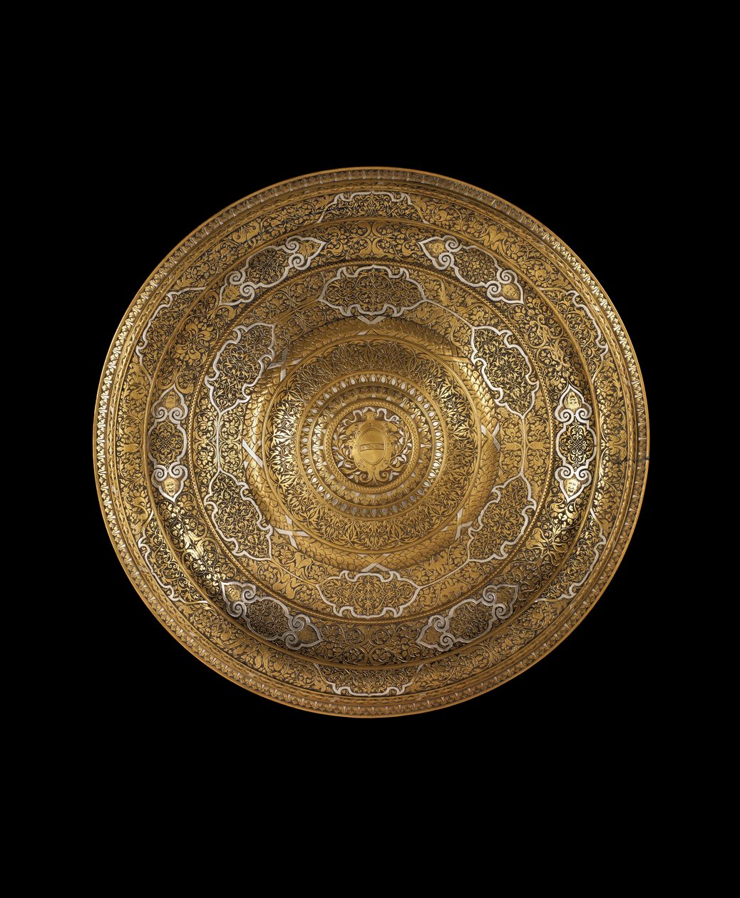 Plat en bronze à haute teneur en étain gravé et incrusté d
