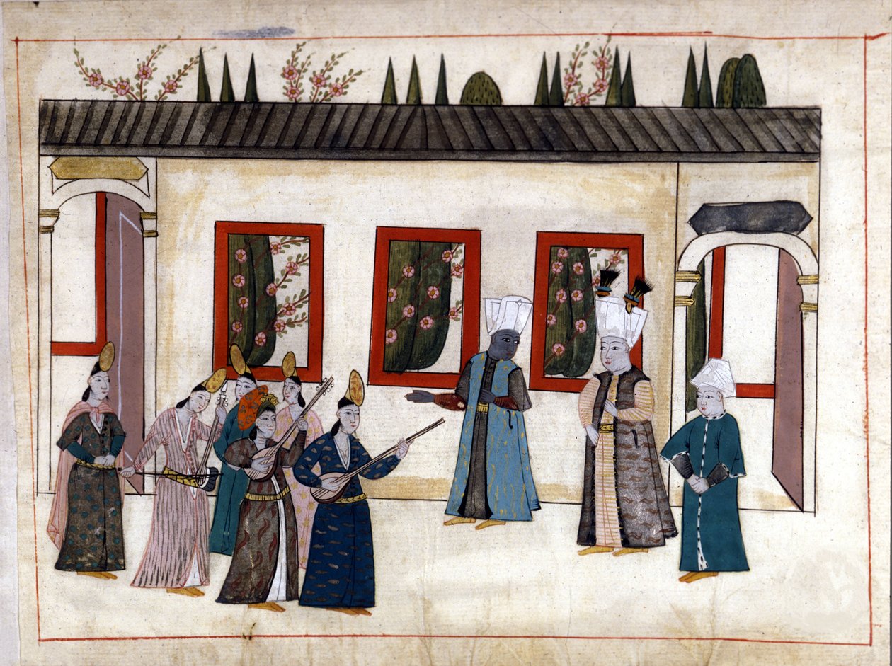 Le Sultan rend visite à la favorite avec la mère et le chef des eunuques. Miniature des « Mémoires turques » (codex Cicogna 1971 « Memorie Turchesche ») Aquarelle de l