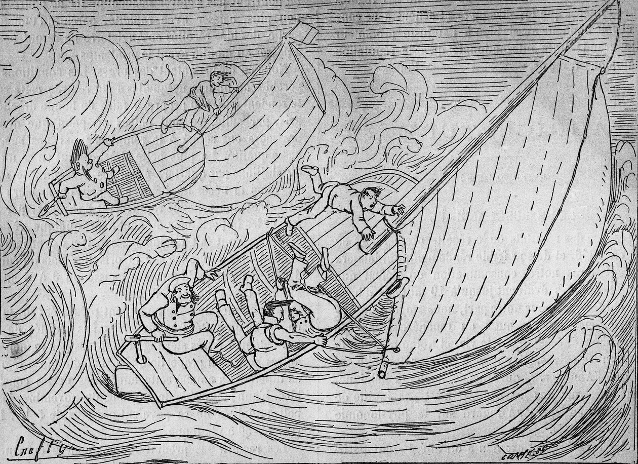 Courses de voile : deux régates, le Goéland et le Monitor chavirés - extrait du Phare de Kerkamadec - dessin par Crafty - dans « Le Centaure » - Victor  Geruzez