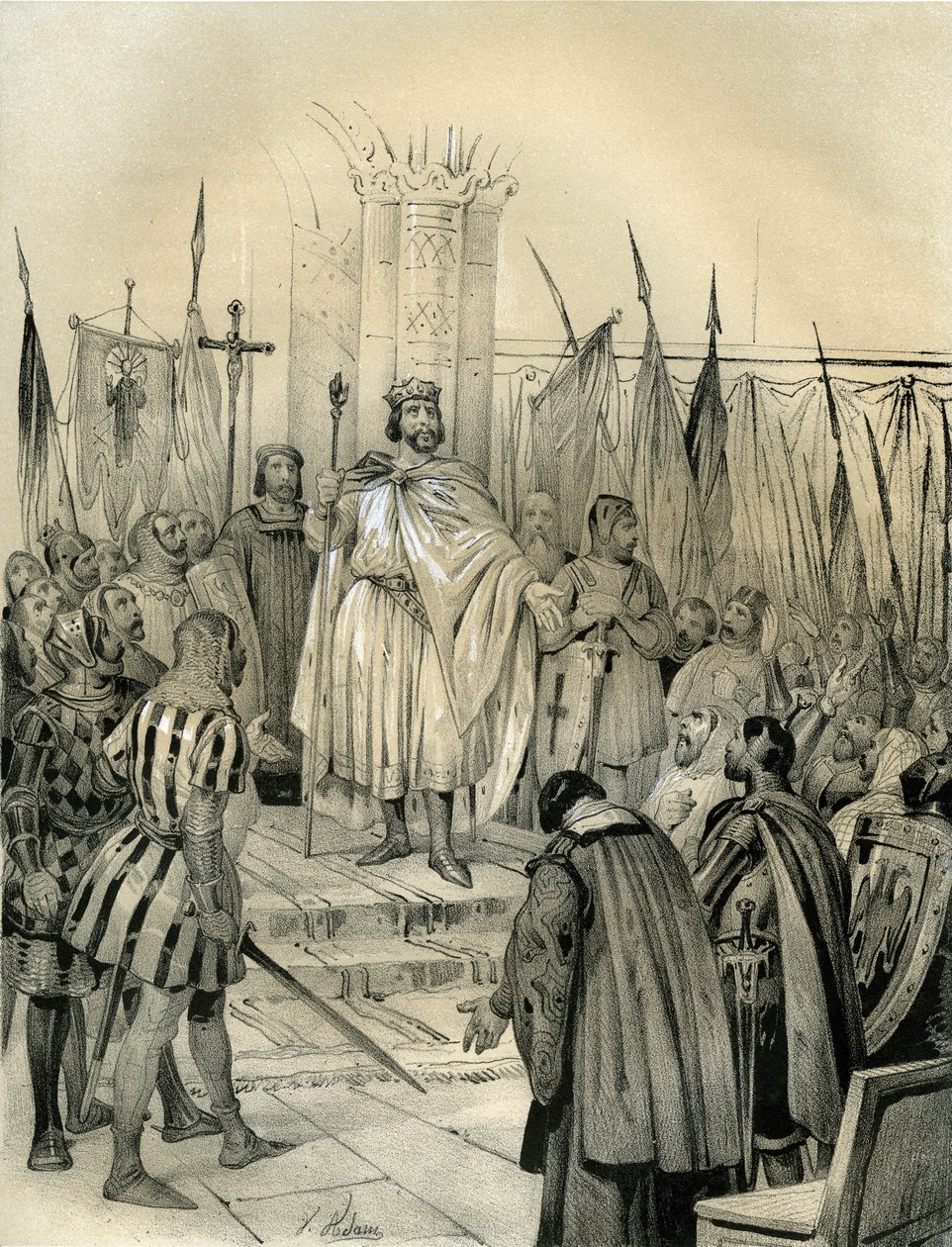 Couronnement de Hugues Capet (941-996) à Noyon en 987. Ce couronnement a marqué le début de la dynastie des Capétiens, rois de France qui ont régné, en succession directe ou indirecte, pendant 8 ans. Gravure de Victor Adam (1801-1866) dans le livre « Franc - Victor Adam