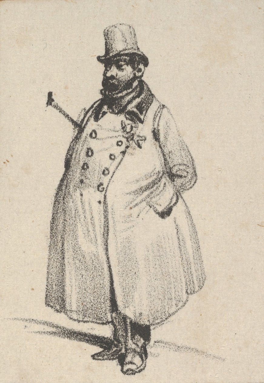 Homme portant un manteau et un chapeau avec une canne sous le bras, milieu du 19ème siècle - Victor Adam