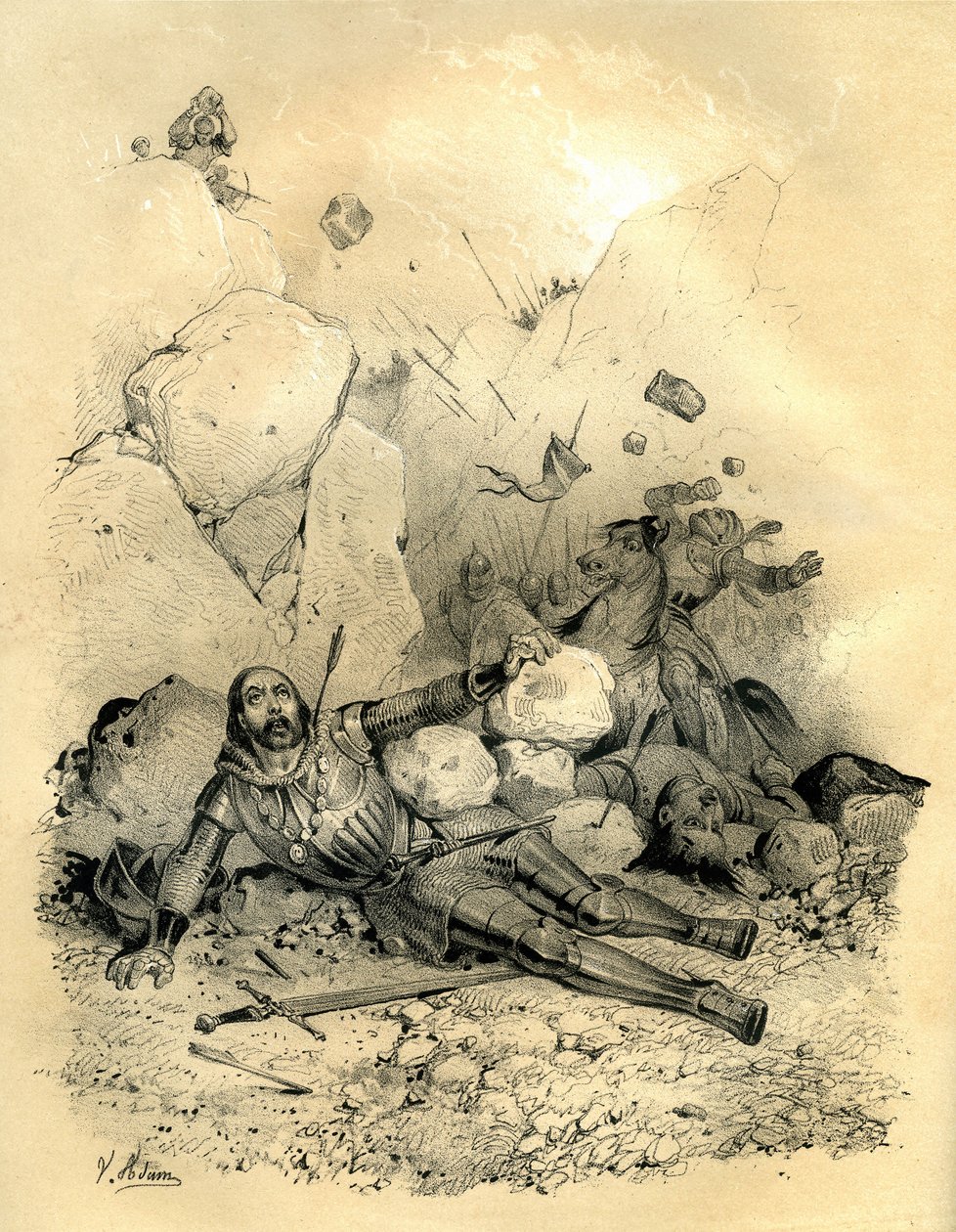 Roland, comte de la marche de Bretagne, tué par un détachement de Vascons (Basques) en 778 dans la vallée de Roncevaux (Pyrénées). Gravure de Victor Adam (1801-1866) dans le livre « La France au Moyen Âge » publié par les frères Ardant - Victor Adam