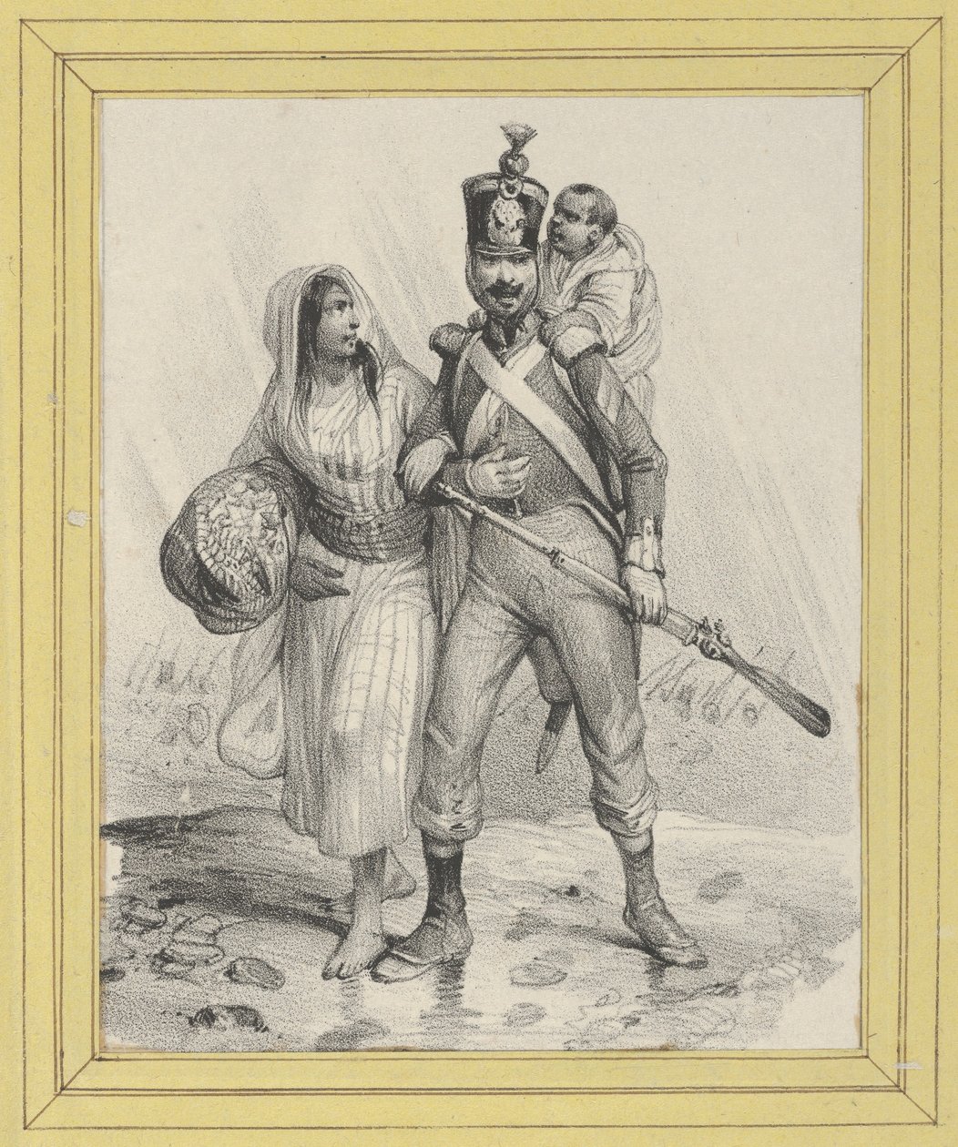 Soldat mit einer Frau am Arm und einem Kind auf dem Rücken - Victor Adam