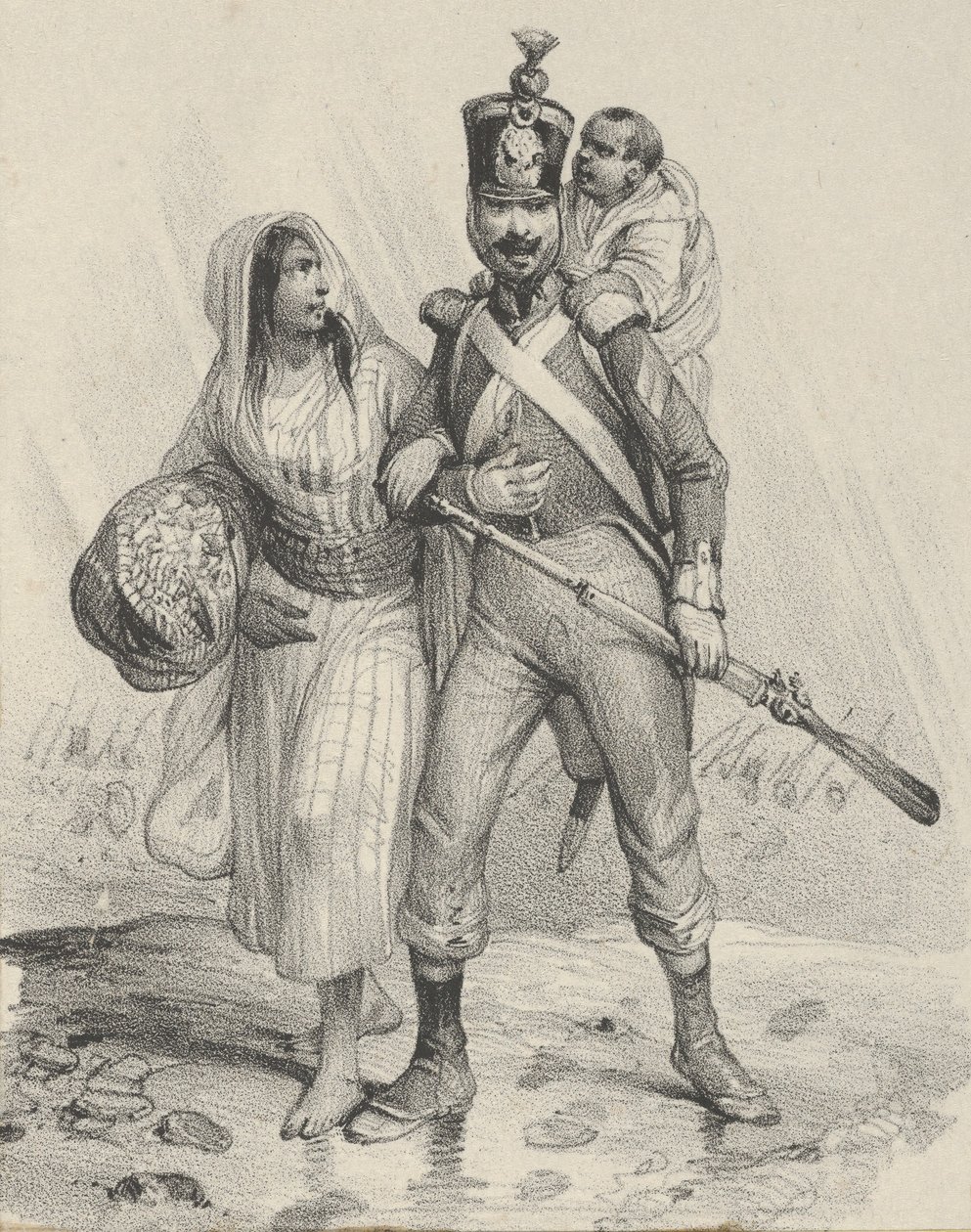 Soldat avec une femme à son bras et un enfant sur son dos, milieu du 19e siècle - Victor Adam