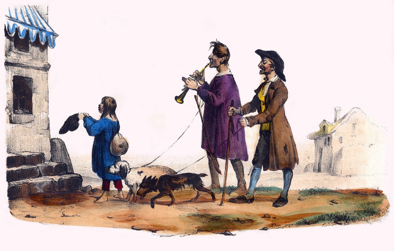 Deux aveugles guidés par des chiens et un enfant mendiant. Dans « Album Grotesque, Choix de Types Remarquables », illustrations de Victor Adam, Paris, vers 1850. - Victor Adam