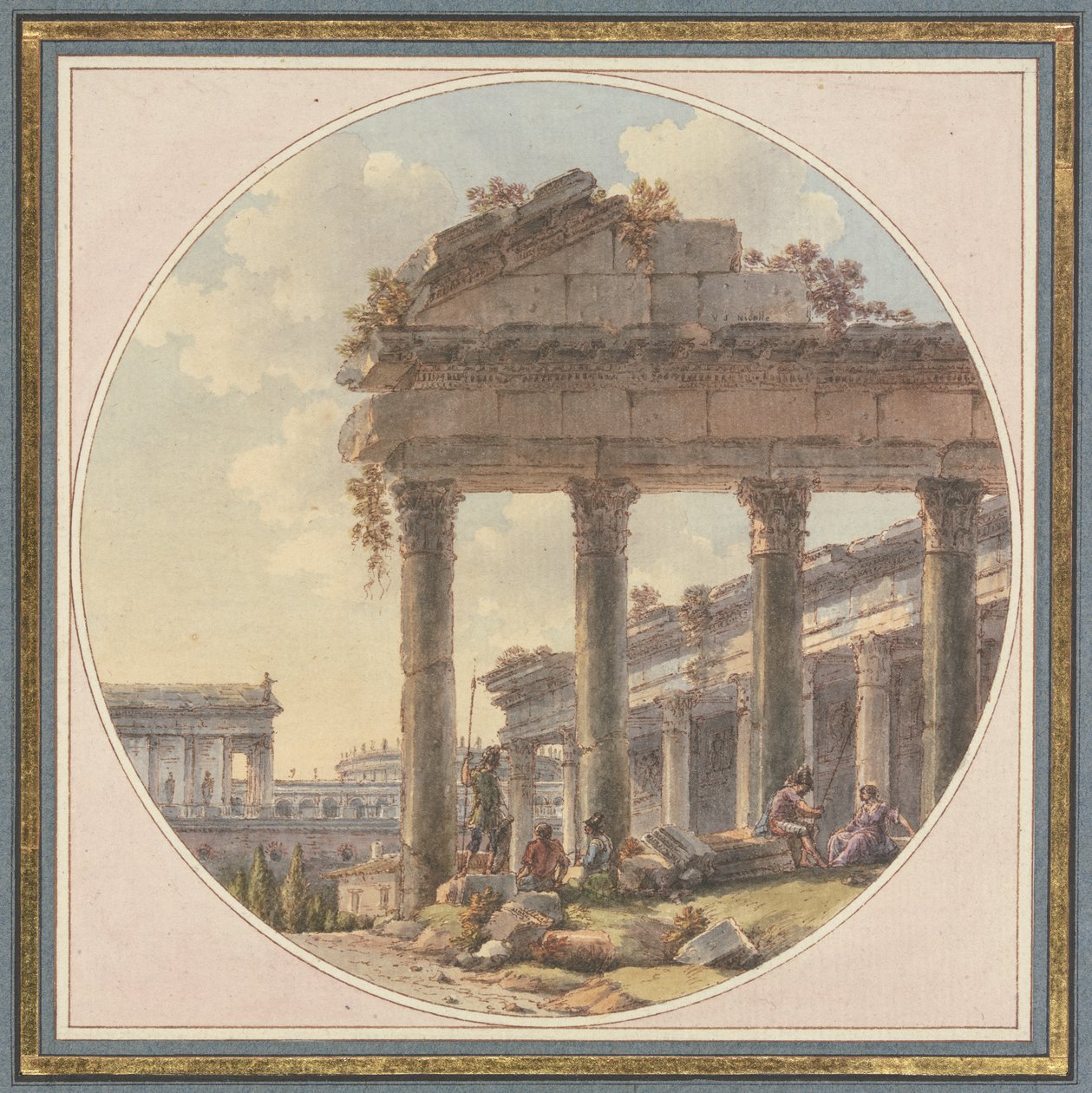 Caprice architectural : ruine de temple et figures de staffage - Victor Jean Nicolle