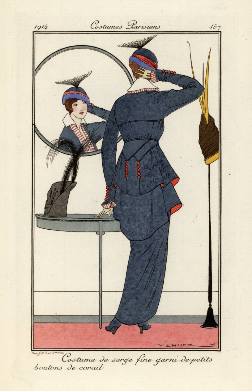 Femme en costume de serge fine avec boutons de corail regardant - Victor Lhuer