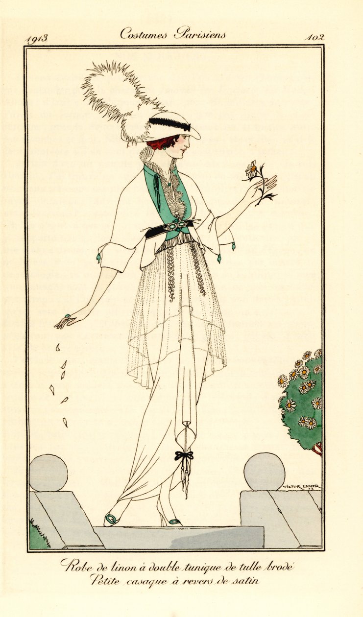 Femme en robe de linon avec double tunique en tulle brodé, petite casaque à revers de satin - Victor Lhuer