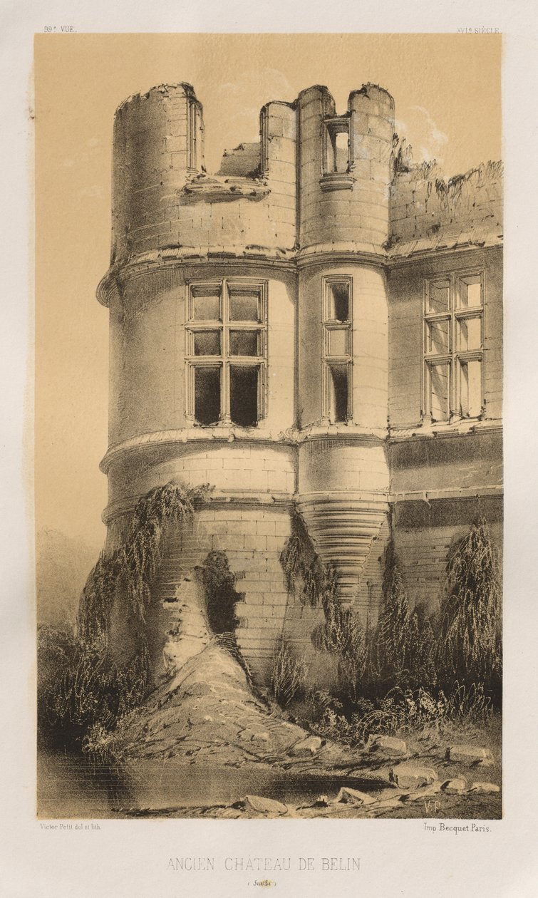 Architecture Pittoresque ou Monuments des XVeme et XVIeme Siècles: Châteaux de France des XV et XVI Siècles: Pl. 99, Ancien Château de Belin (Sarthe) - Victor Petit