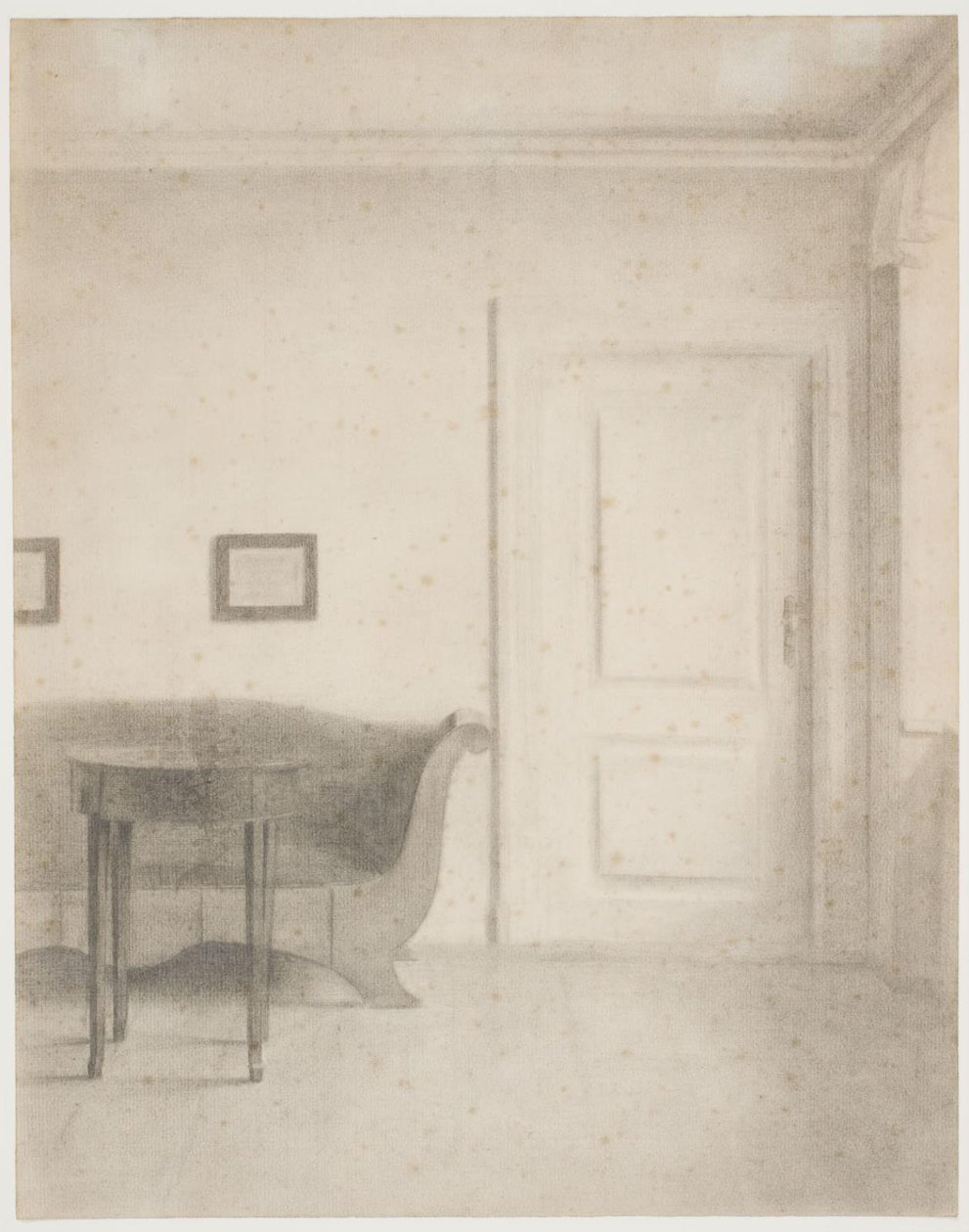 Intérieur avec canapé et petite table, à droite une porte - Vilhelm Hammershøi