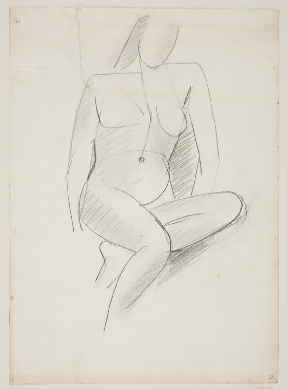 Femme assise, vue de face légèrement vers la droite, une jambe repliée sous l