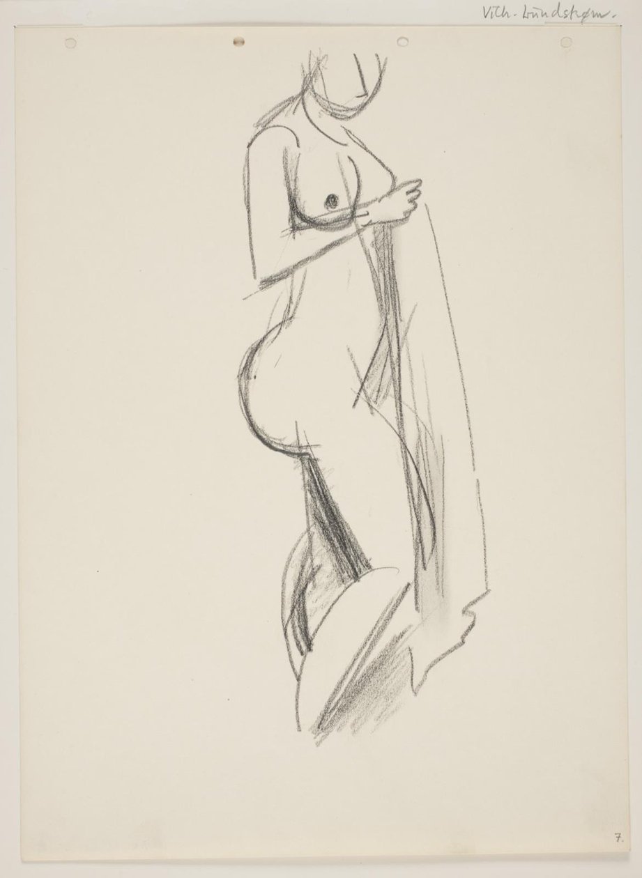 Femme nue debout, profil droit, draperie à la main - Vilhelm Lundstrøm