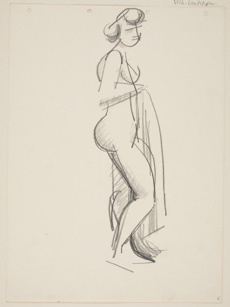 Femme nue debout, profil droit, draperie à la main - Vilhelm Lundstrøm