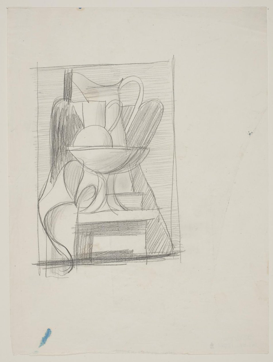 Étude pour une nature morte avec bouteille, pichets, bol de fruits et serviette - Vilhelm Lundstrøm