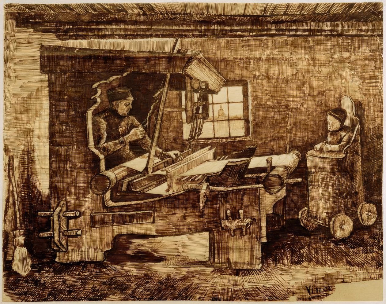 Tisserand avec un petit enfant dans une chaise haute - Vincent van Gogh