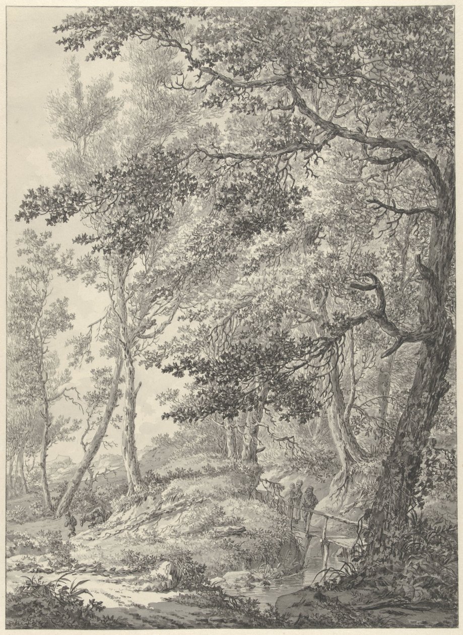Paysage forestier avec un petit pont en bois et deux promeneurs - Vincent Jansz. van der Vinne