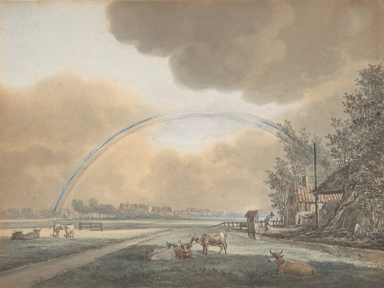 Paysage avec un arc-en-ciel sur une ferme et un village lointain, n.d. - Vincent Jansz. van der Vinne