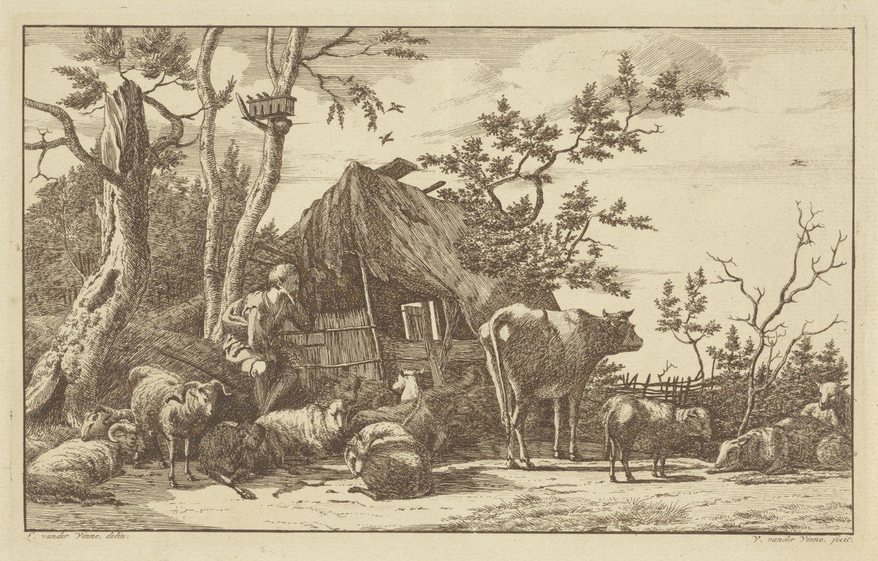 Berger assis avec du bétail devant une grange en ruine - Vincent Jansz. van der Vinne