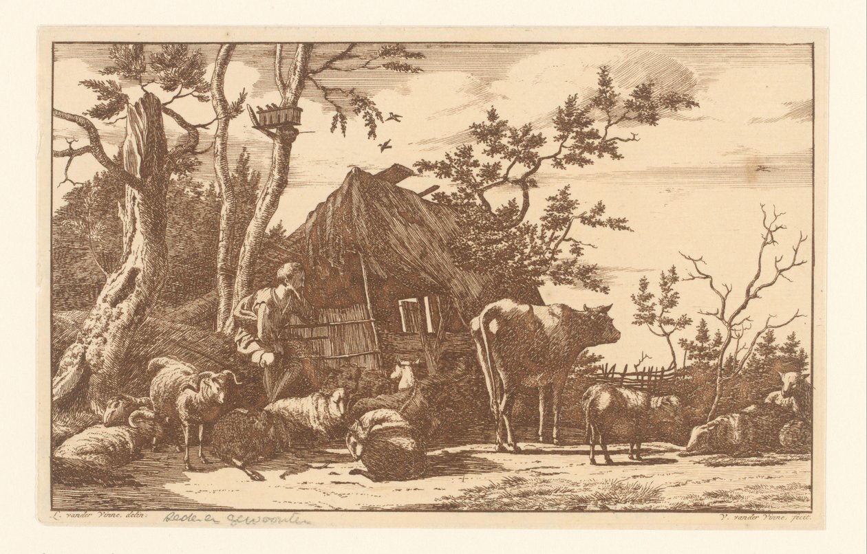Berger assis avec du bétail devant une grange en ruine - Vincent Jansz. van der Vinne