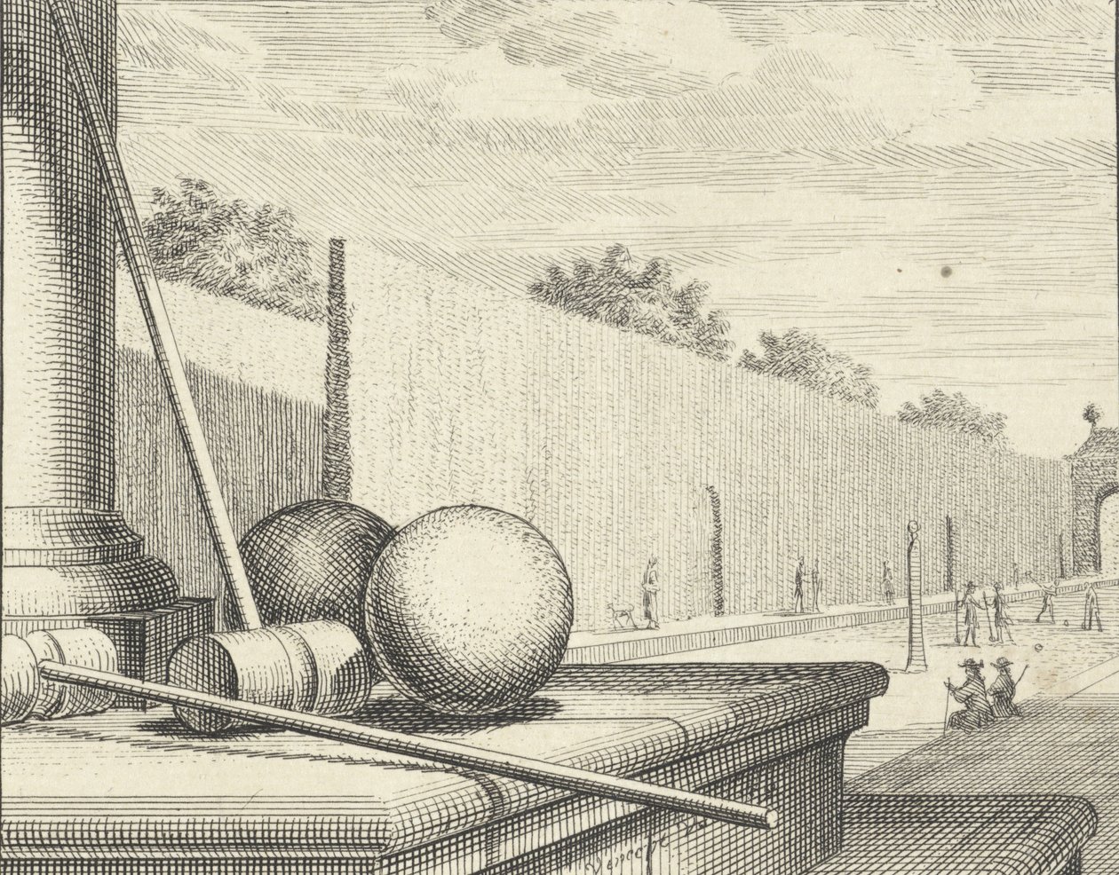 Attributs de croquet avec joueurs de croquet en arrière-plan, 1714 - Vincent Laurensz Vinne van der